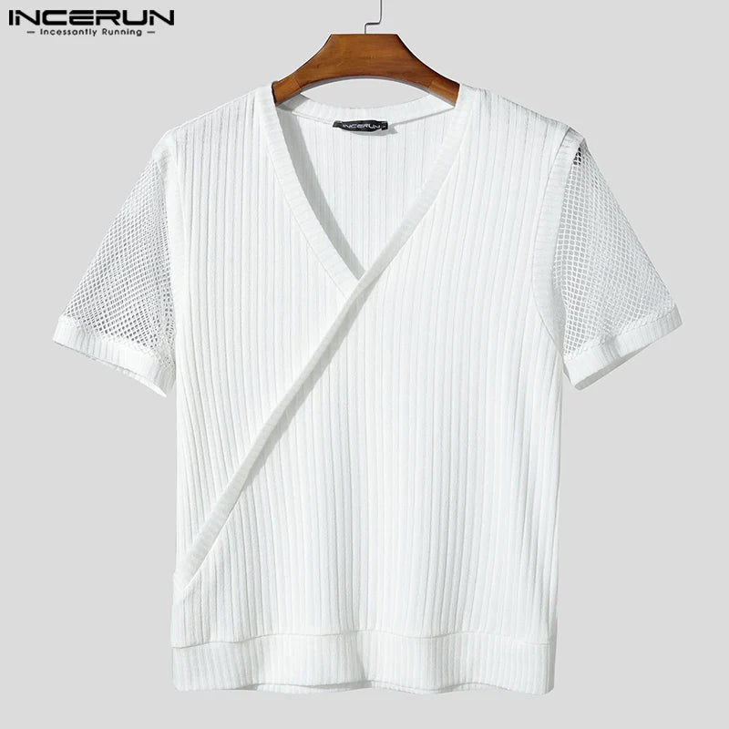 Hauts hommes T-Shirts à manches courtes maille Patchwork hauts t-shirt couleur unie col en V mode vêtements pour hommes Streetwear S-5XL