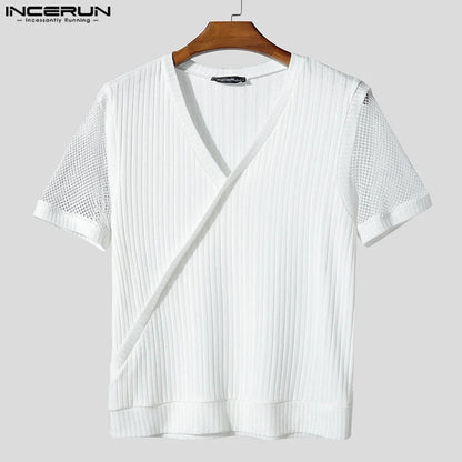 Hauts hommes T-Shirts à manches courtes maille Patchwork hauts t-shirt couleur unie col en V mode vêtements pour hommes Streetwear S-5XL