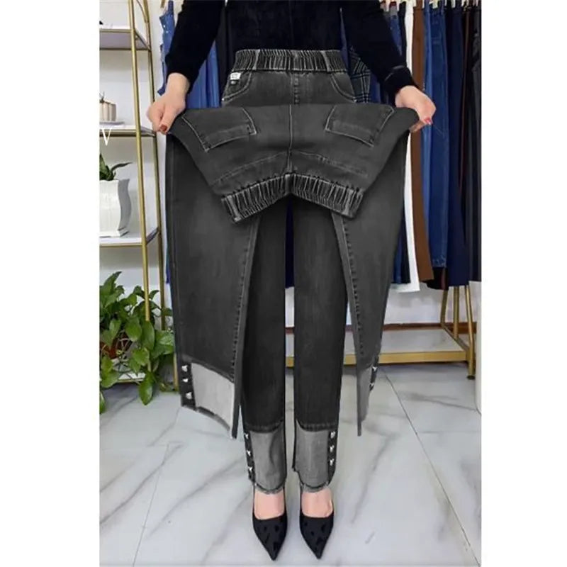 Jean femme d'âge moyen printemps automne taille extensible pantalon en Denim droit grande taille ample taille haute décontractée noir bleu pantalon