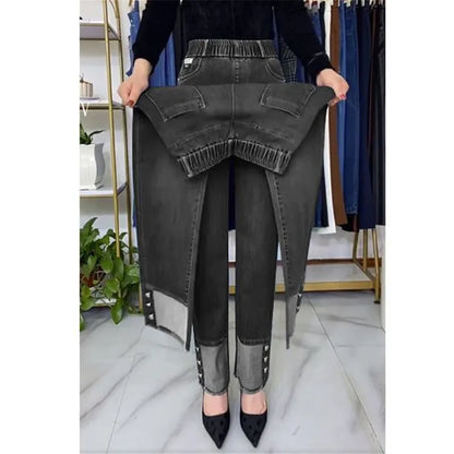 Jean femme d'âge moyen printemps automne taille extensible pantalon en Denim droit grande taille ample taille haute décontractée noir bleu pantalon
