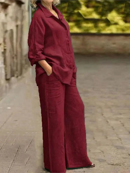 Ensemble 2 pièces en coton et lin pour femmes, chemise à manches longues, jambe large, mode féminine, bureau, printemps, automne