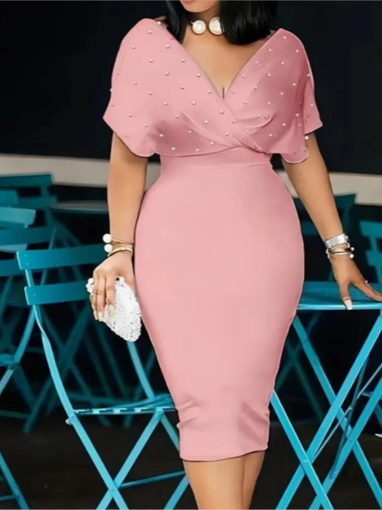 Robe de soirée à la mode pour femmes, Sexy, col en V, robes élégantes aux hanches, couleur unie, Slim, tenue de bureau, été, 2025