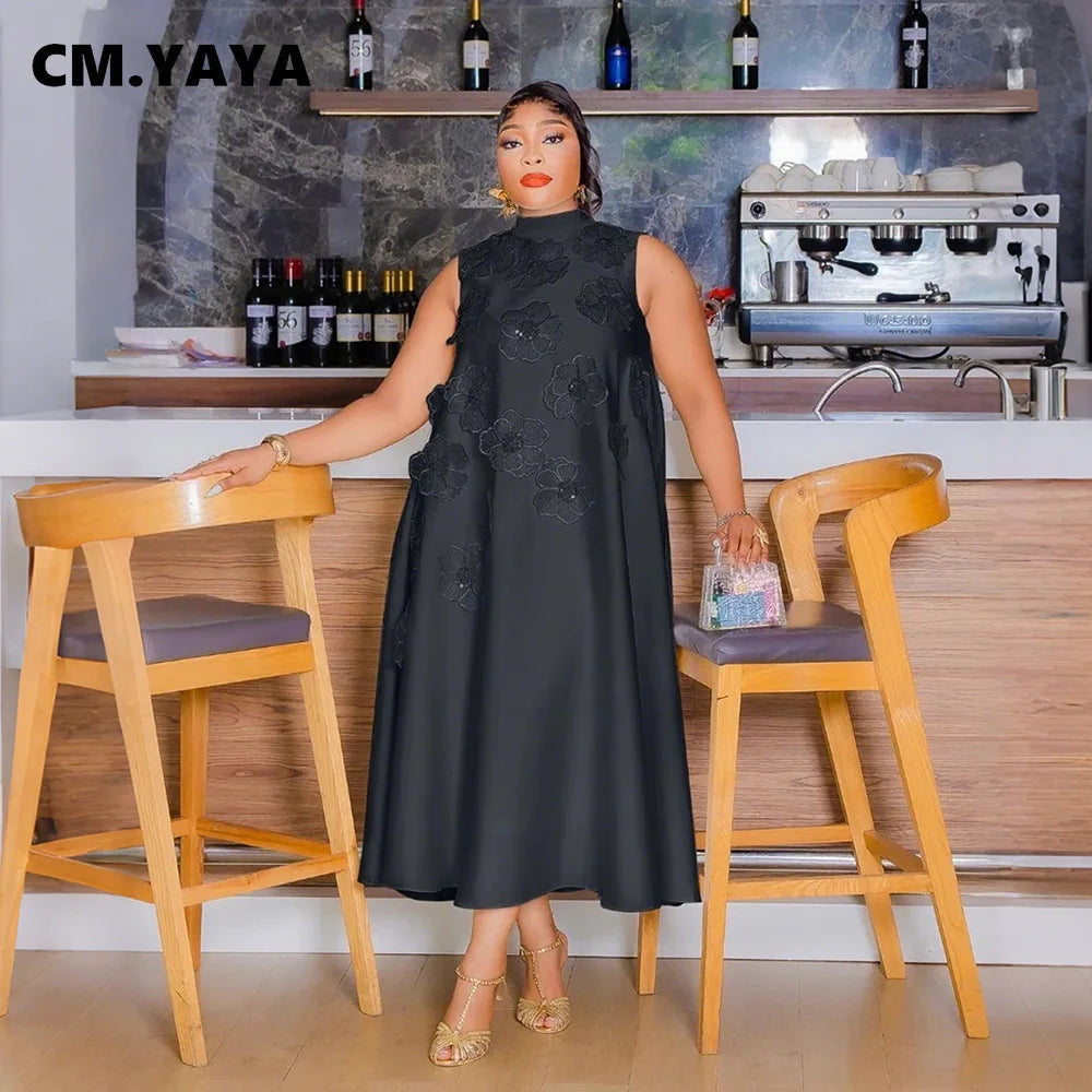 CM.YAYA femmes élégantes sans manches en vrac 3D fleur col rond robe 2025 été moulante rue africaine Midi Maxi robes longues robes