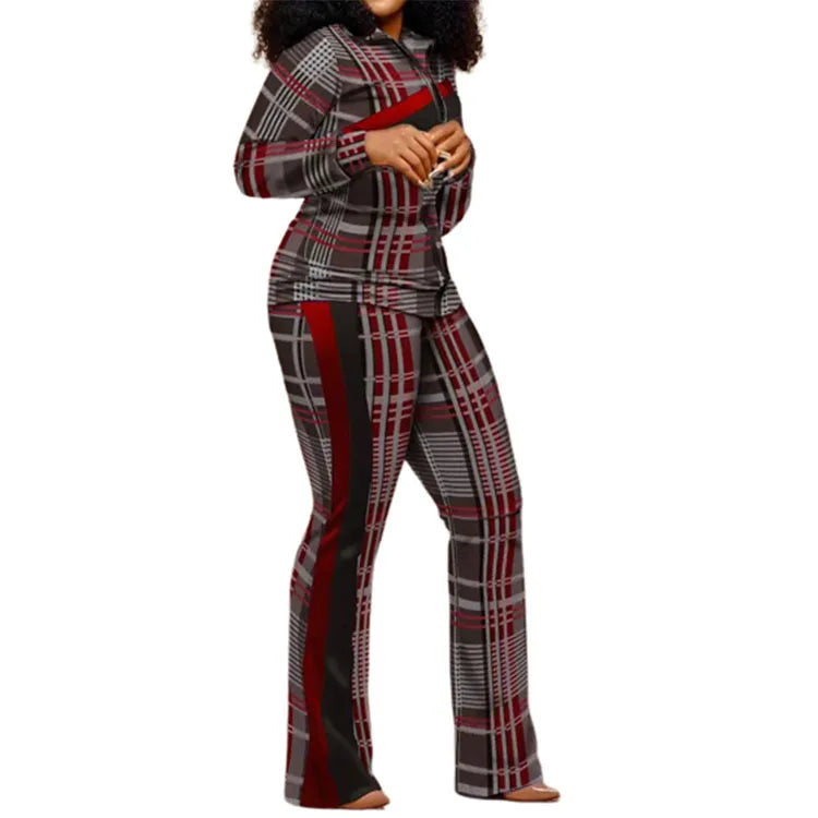 Ensemble de pantalons longs droits pour femmes, fermeture éclair imprimée, col montant, gaine, manches longues, décontracté, automne, hiver, 2024