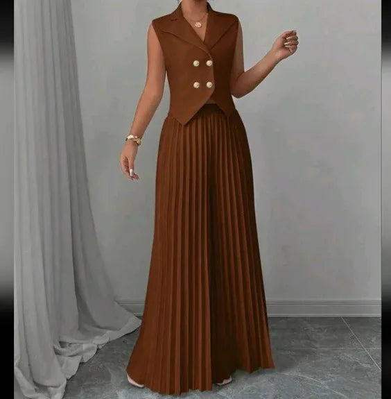 Costume de bureau pour femmes, couleur unie, décontracté, Slim, boutons, ensemble deux pièces, col rabattu, sans manches, Blazer et pantalon plissé, tenues