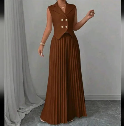 Costume de bureau pour femmes, couleur unie, décontracté, Slim, boutons, ensemble deux pièces, col rabattu, sans manches, Blazer et pantalon plissé, tenues