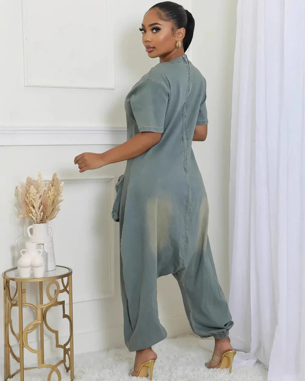 Combinaisons d'automne pour femmes, manches courtes, jean ample, délavé, une pièce, poches, Cargo, barboteuse à la mode