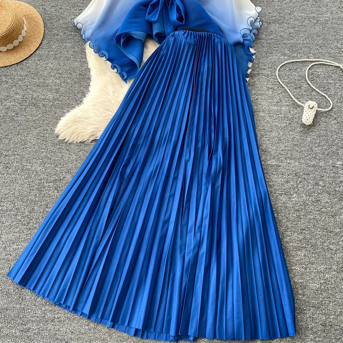 Miyake pli changement progressif couleur bord ondulé costume soleil jupe plissée à la mode et élégant deux pièces ensembles tenues pour femmes