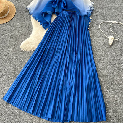 Miyake pli changement progressif couleur bord ondulé costume soleil jupe plissée à la mode et élégant deux pièces ensembles tenues pour femmes