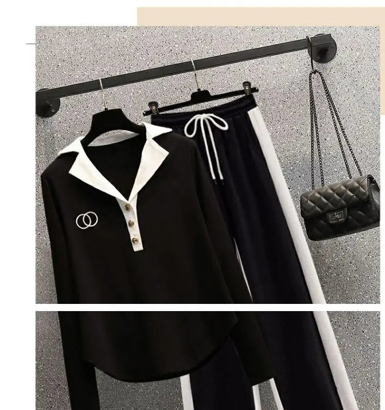 Ensemble deux pièces pour femmes, chemise à manches longues et col Polo, décontracté, Patchwork, jambes larges, nouvelle collection automne 2024