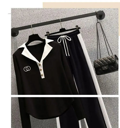 Ensemble deux pièces pour femmes, chemise à manches longues et col Polo, décontracté, Patchwork, jambes larges, nouvelle collection automne 2024