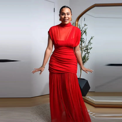 Robe longue de soirée plissée rouge Chic, élégante, manches volantes, maille, Patchwork, Maxi, vacances d'été, plage