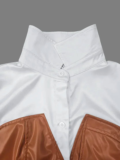 Robe mi-longue à manches longues pour femmes avec boutons, jupe chemise en PU, poche patchwork, ceinture maigre, revers, femme, automne, nouveau, 2025