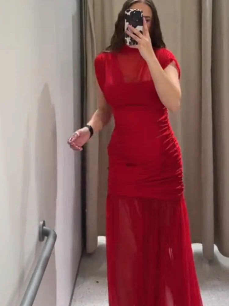 Robe longue de soirée plissée rouge Chic, élégante, manches volantes, maille, Patchwork, Maxi, vacances d'été, plage