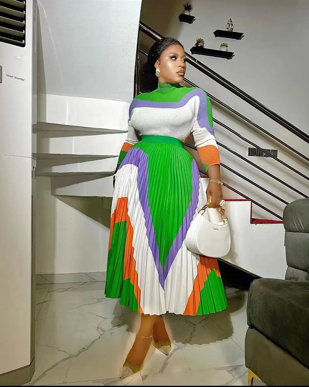 Ensemble haut et jupe plissée à manches longues et col mi-haut assortis, document d'impression ATA Yake, coupe couvertes, été, nouveau, 2024, 2 pièces