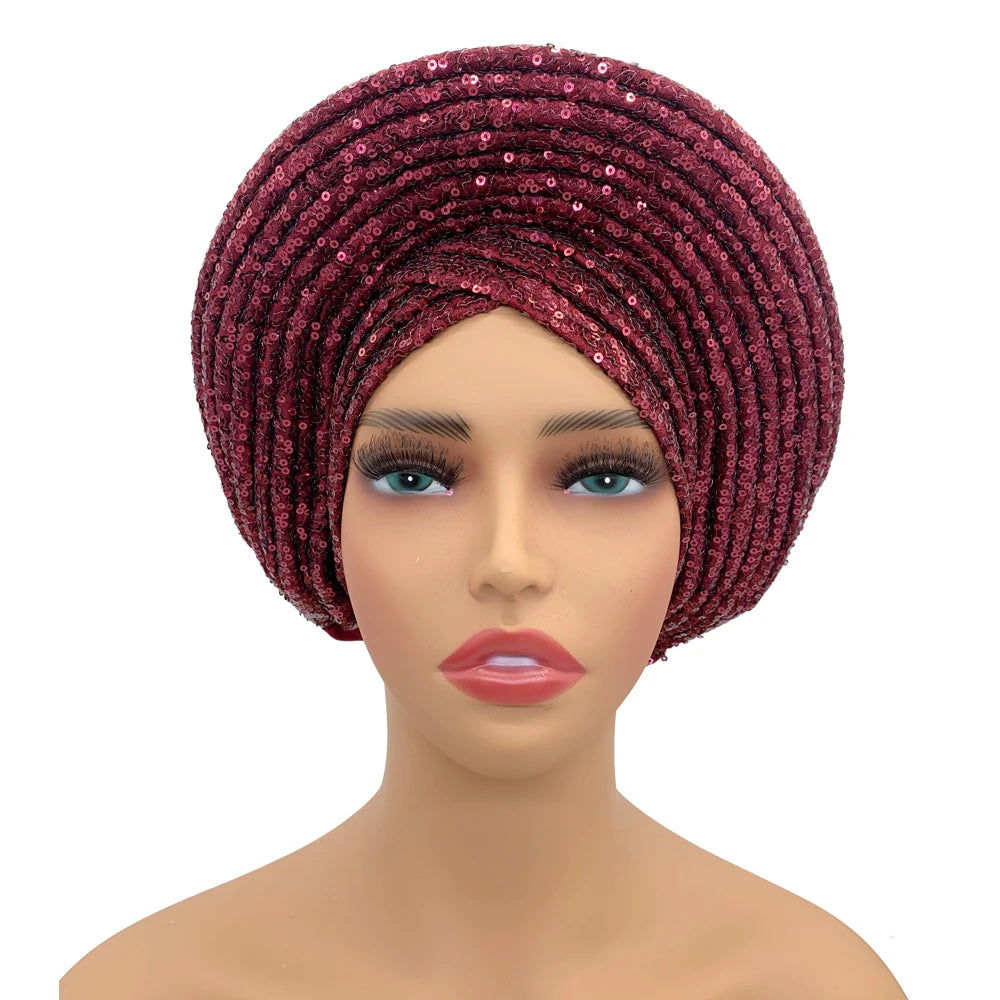 Paillettes Autogele Turban casquette pour femmes prêt africain Auto Gele casque Nigeria mariage Geles femme bandeau dame casque