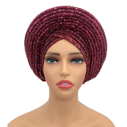 Paillettes Autogele Turban casquette pour femmes prêt africain Auto Gele casque Nigeria mariage Geles femme bandeau dame casque