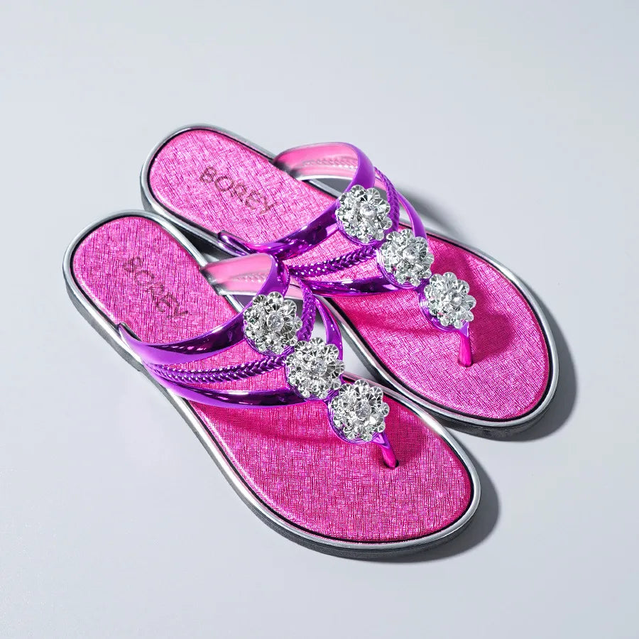 "Sandales tongs pour femmes avec strass, diapositives décontractées de plage pour vêtements d'extérieur, semelles plates et pantoufles d'été"