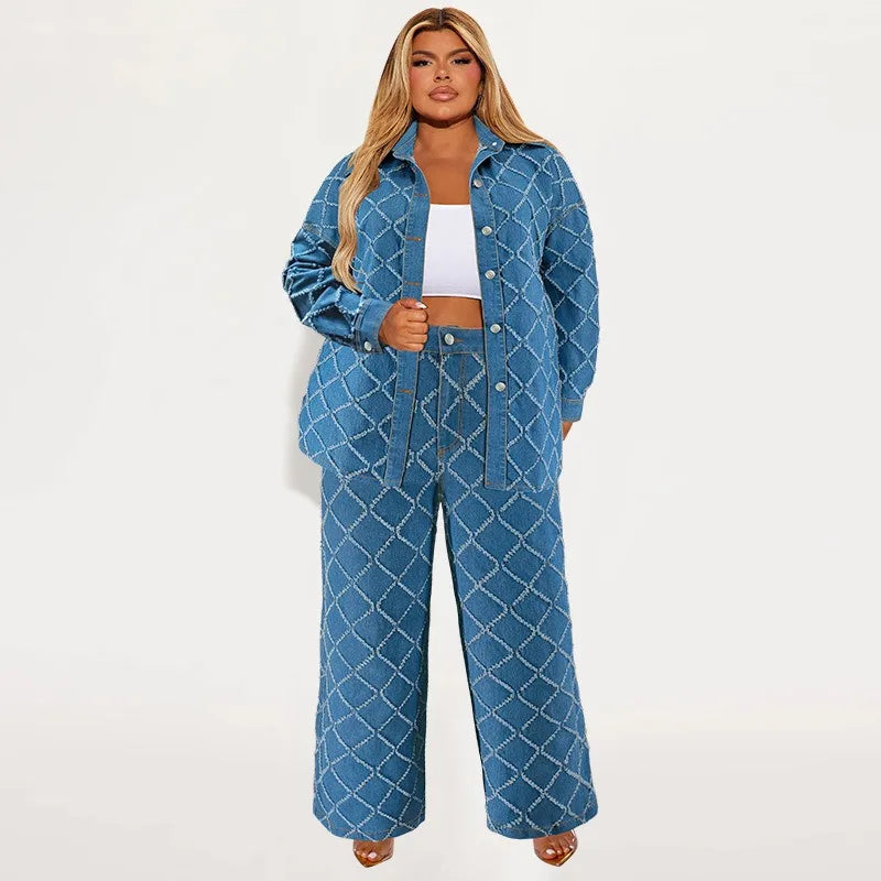 Wmstar grande taille Denim deux pièces ensembles femmes automne vêtements imprimer à manches longues hauts pantalons nouveaux costumes assortis en gros Dropshopping