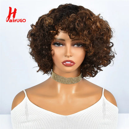 Hairugo-Perruque de Cheveux Humains Bouclés Coupe Pixie à Reflets, Sans Colle, avec Frange Entièrement Fabriquée à la Machine