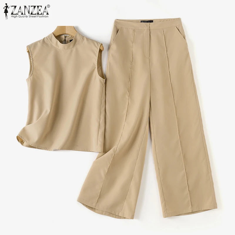 Élégant Chic femmes 2 pièces ensembles ZANZEA femme 2025 mode 2 pièces tenues costumes sans manches Blouses et pantalons à jambes larges ensembles