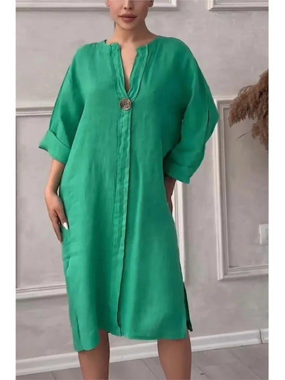 BS - Robe d'été élégante en coton et lin pour femmes, col rond, manches longues, boutons, couleur unie, ample, décontractée, fente latérale, Simple