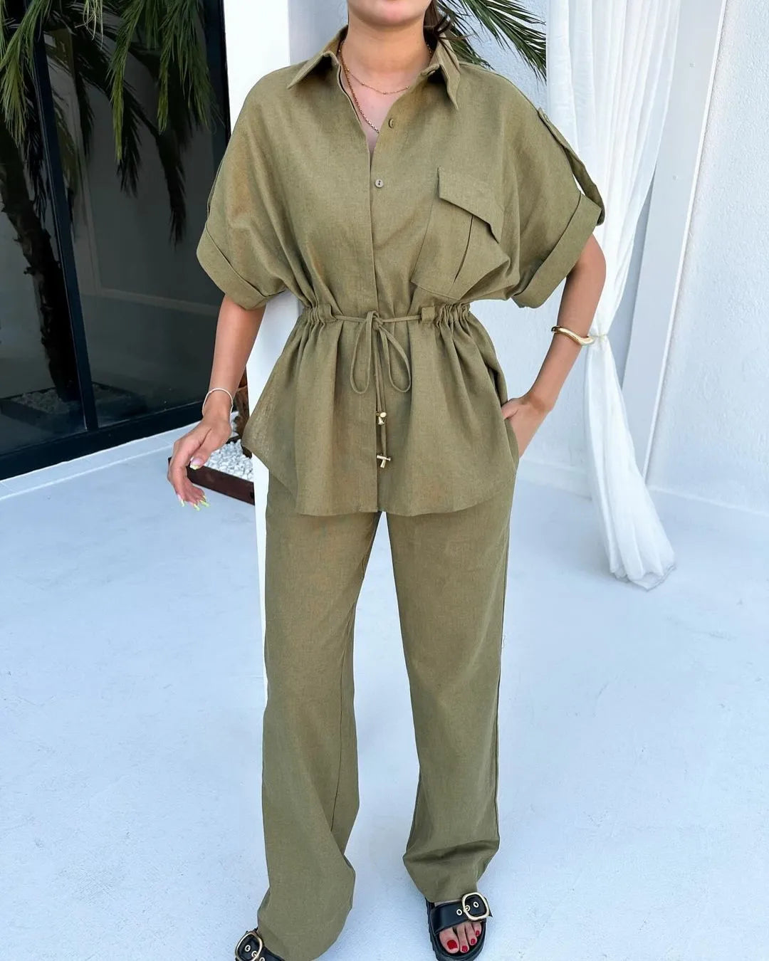 Ensemble deux pièces pour femmes, streetwear, décontracté, à la mode, pour les travailleuses, avec poche, collection été 2024