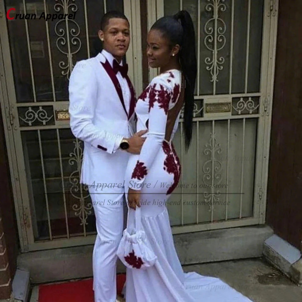 Tuxedos de Mariage pour marié blanc, costumes pour hommes, tenues avec revers doré, Blazer deux pièces pour garçons d'honneur, coupe cintrée