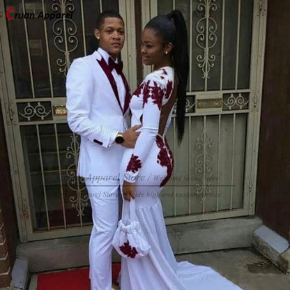 Tuxedos de Mariage pour marié blanc, costumes pour hommes, tenues avec revers doré, Blazer deux pièces pour garçons d'honneur, coupe cintrée