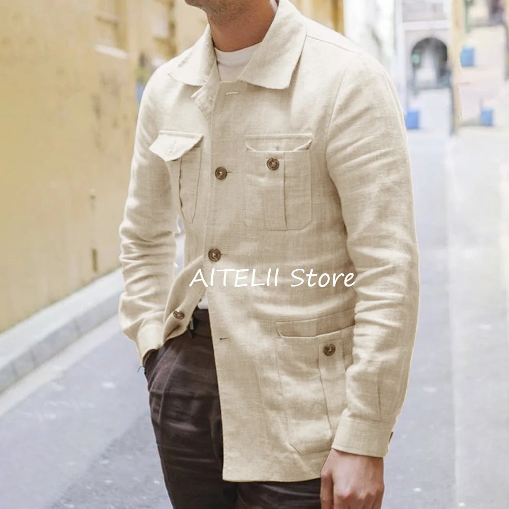 Blazers pour homme costume vestes lin léger décontracté quatre poches revers hommes veste simple boutonnage costumes mode Blazer vêtements