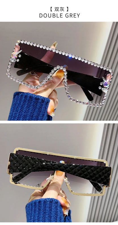 Lunettes de soleil une pièce pour femmes, grande monture rectangulaire incrustée de diamants, avec diamants d'eau