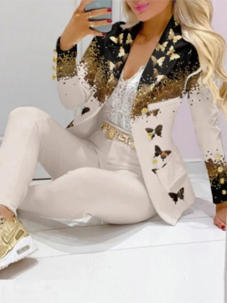 Costume imprimé à manches longues pour femmes, ensemble 2 pièces, couleur assortie, Slim, élégant, pour le bureau, nouvelle collection automne hiver 2023