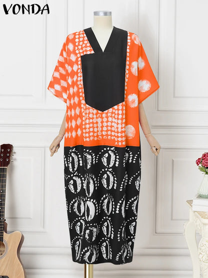 VONDA Vintage Robe Maxi femmes été fête imprimer robes 2025 mode col en v 3/4 manches décontracté surdimensionné ample longue Robe