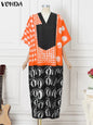 VONDA Vintage Robe Maxi femmes été fête imprimer robes 2025 mode col en v 3/4 manches décontracté surdimensionné ample longue Robe