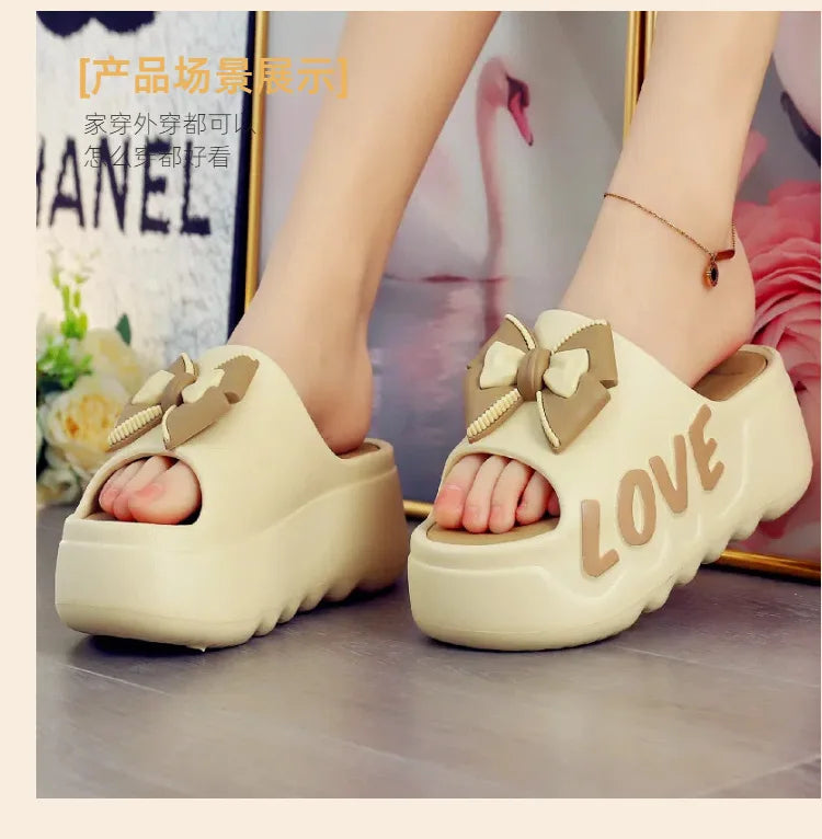 Feerldi nouveau 2025 blanc rose nœud papillon pantoufles femme haute plate-forme EVA diapositives sandales de créateur sabots de plage femmes ascenseur chaussure