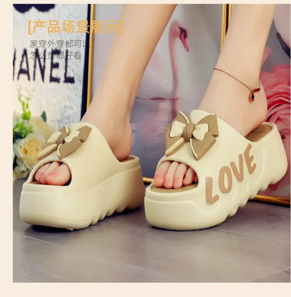 Feerldi nouveau 2025 blanc rose nœud papillon pantoufles femme haute plate-forme EVA diapositives sandales de créateur sabots de plage femmes ascenseur chaussure