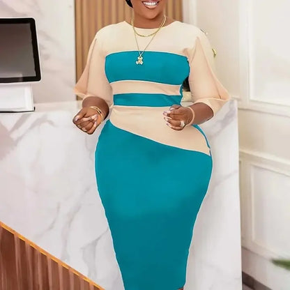 Robe élégante à col rond pour femme, manches trois quarts, gaine patchwork, hanches GT, mi-mollet, affaires professionnelles, chaud, bureau