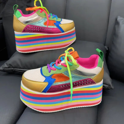 Style de loisirs dames couleur arc-en-ciel maille bout rond plate-forme croisée talons hauts chaussures respirant couleurs mélangées pompes de mode