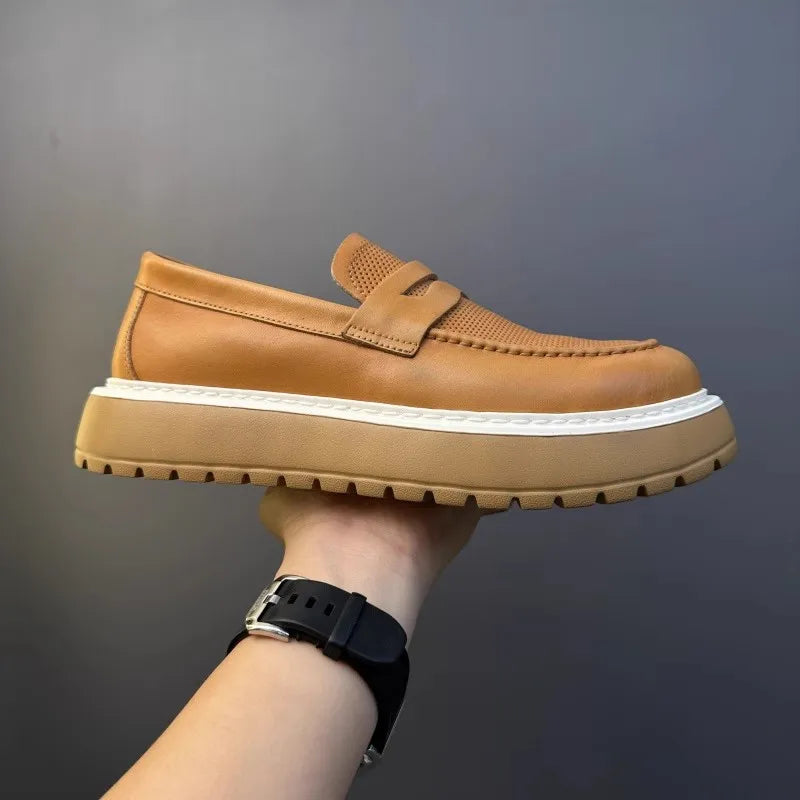 Mocassins en cuir de vachette à plateforme vintage pour hommes, chaussures en cuir véritable, respirant, évider, décontracté, conduite, affaires, été