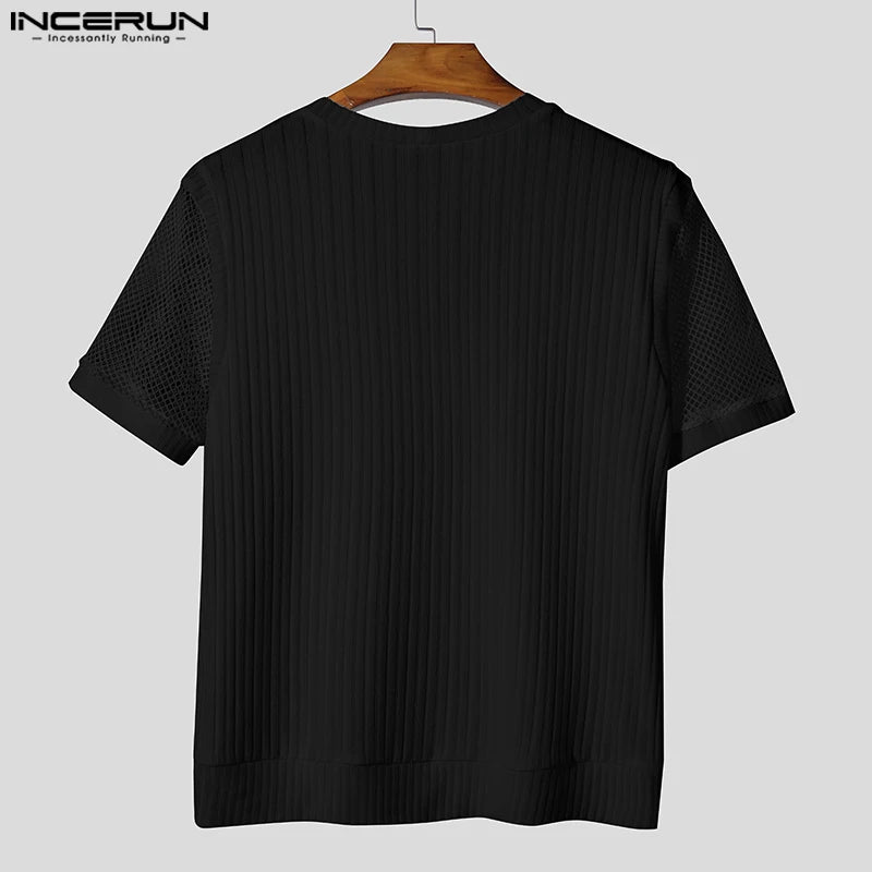 Hauts hommes T-Shirts à manches courtes maille Patchwork hauts t-shirt couleur unie col en V mode vêtements pour hommes Streetwear S-5XL