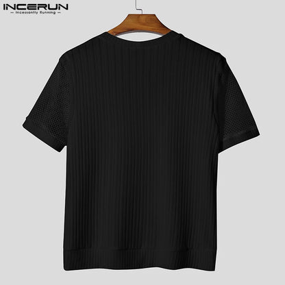 Hauts hommes T-Shirts à manches courtes maille Patchwork hauts t-shirt couleur unie col en V mode vêtements pour hommes Streetwear S-5XL