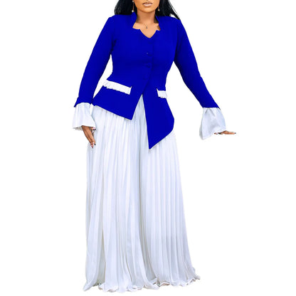 BS -  ensemble élégant  femme manches évasées bouton Blazer chemise + pantalon Long plissé costume Streetwear deux 2 pièces ensemble afrique OL tenues