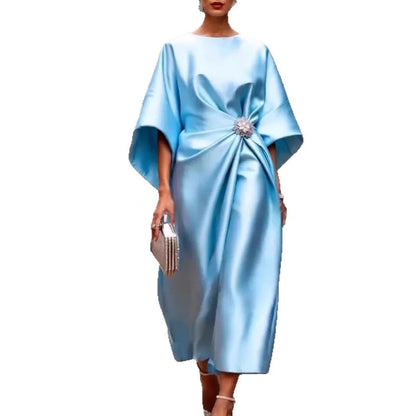 Robe d'invité de mariage élégante pour femmes, Champagne, col rond évasé, manches 3/4, nœud à paillettes, robes mi-longues en Satin pour soirée Cocktail