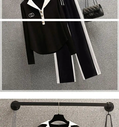 Ensemble deux pièces pour femmes, chemise à manches longues et col Polo, décontracté, Patchwork, jambes larges, nouvelle collection automne 2024