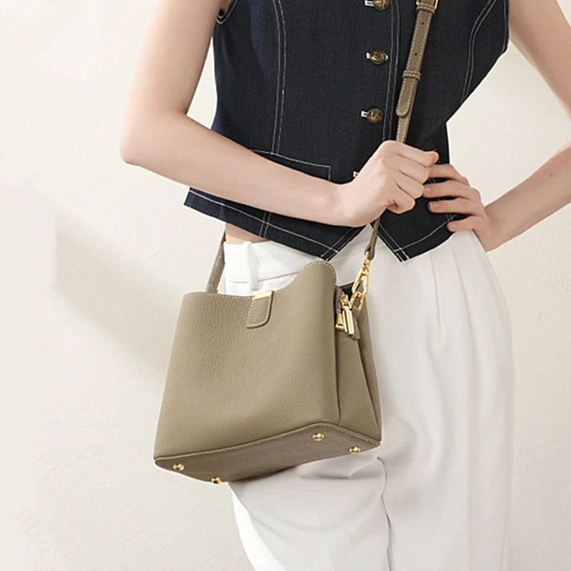 Hifashion 100% vache en cuir véritable seau épaule sacs à bandoulière pour femmes 2025 luxe concepteur large sangle fourre-tout dames sacs à main