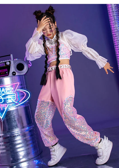 K-PoP-Ensemble de olympiques de danse jazz pour enfants, vêtements à paillettes, défilé de mode pour filles, tenues pour enfants, hip hop, hip hop