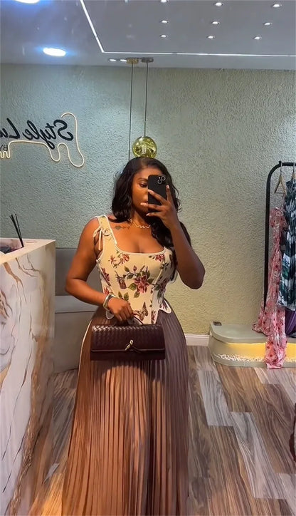 CM.YAYA ensemble femme imprimé fleuri taille cintrée gilet + jupes longues plissées costume 2025 fête soirée rue deux 2 pièces ensemble tenue