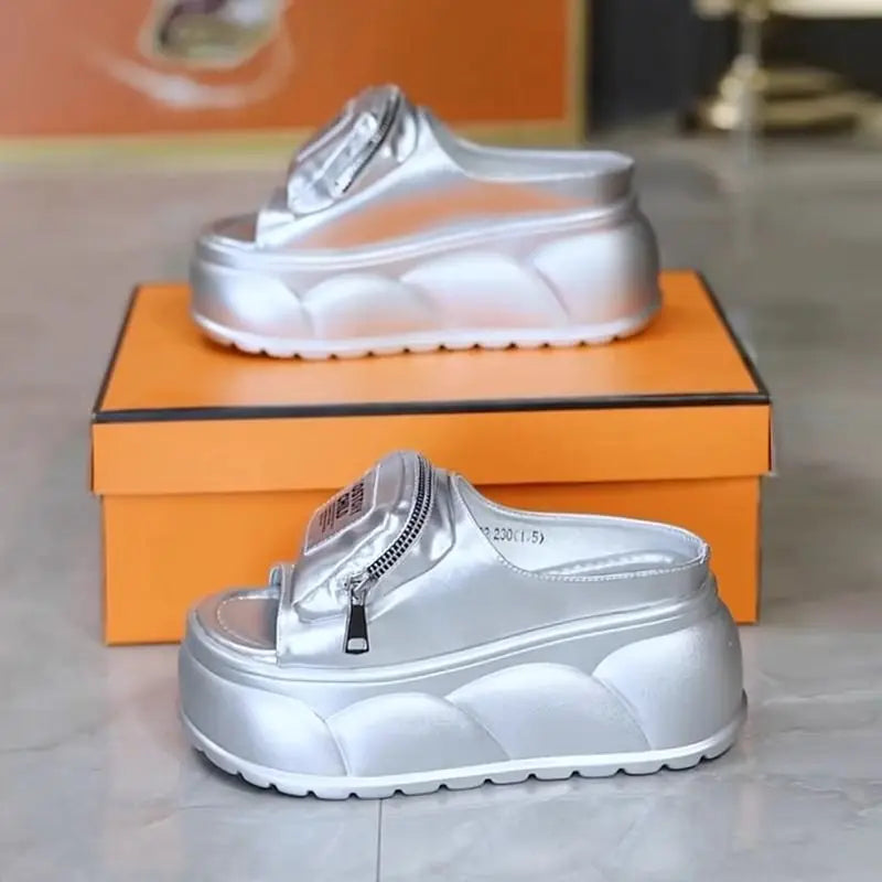 Nouvelle plate-forme mules pantoufles femmes concis grosses diapositives chaussures pantoufles d'extérieur femme argent fermeture éclair sabots dames pantoufles hautes