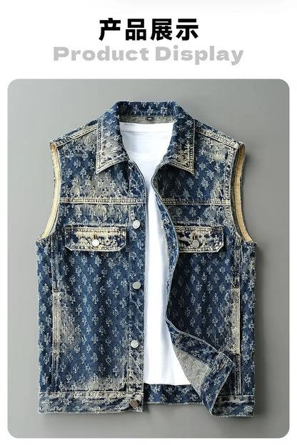 Gilet de moto en Denim pour hommes, rétro, tendance, printemps et automne, élégant, ample, Jacquard, sans manches, vêtements d'extérieur