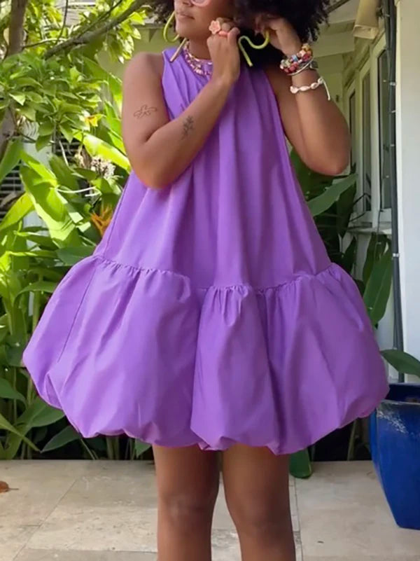 Krisstargirl femmes été bulle Mini robe 2025 taille haute sans manches jupe évasée coton robes courtes décontractées pour femme